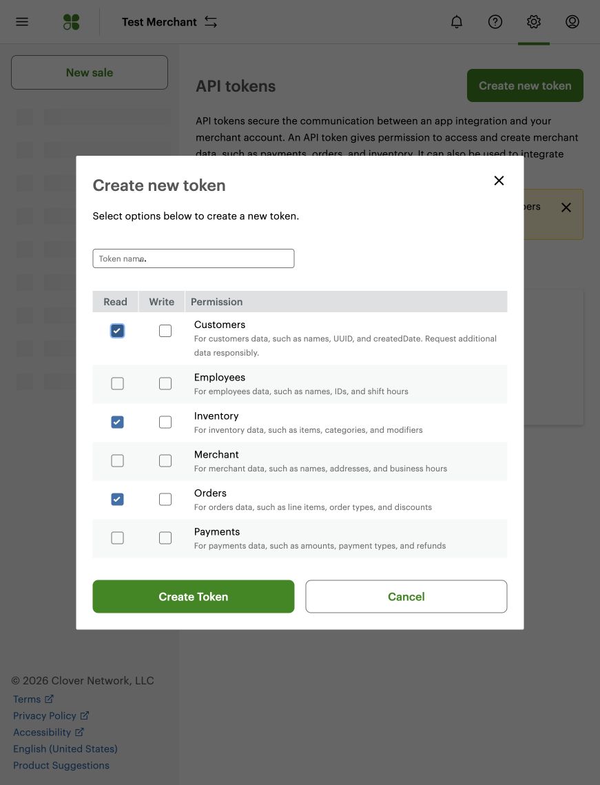 Clover's Create new token window: a table of permissions with a Read and a Write checkbox for Customers, Employees, Inventory, Merchant, Orders and Payments.
