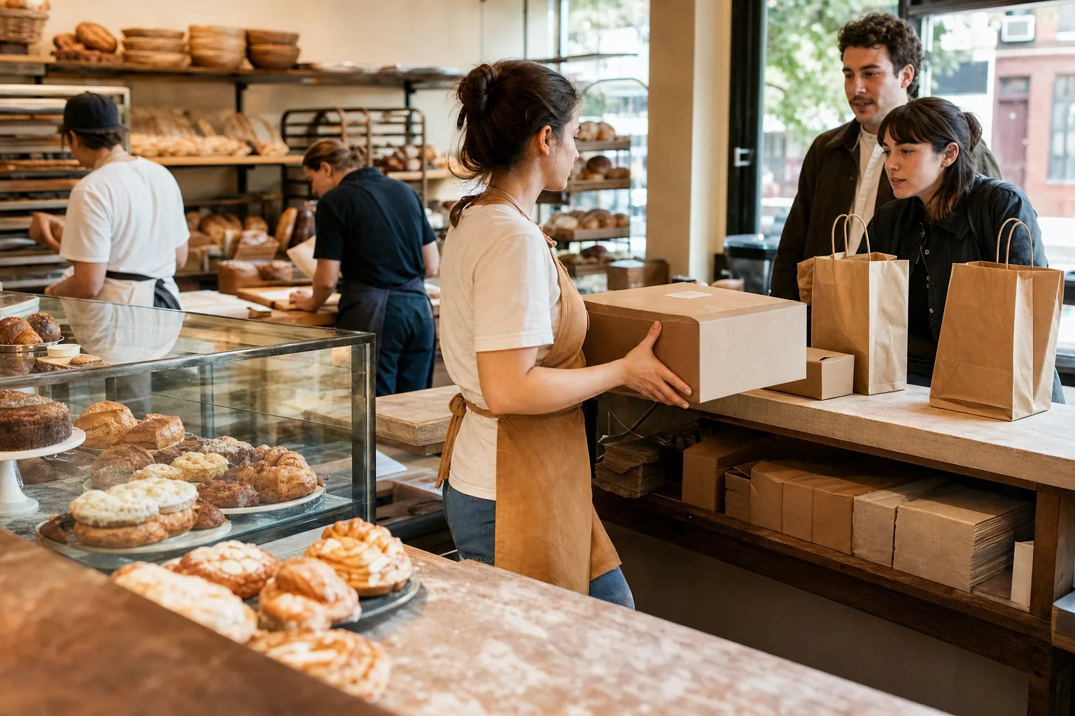 A bakery worker brings a boxed cake to a separate pickup counter beside the pastry case.