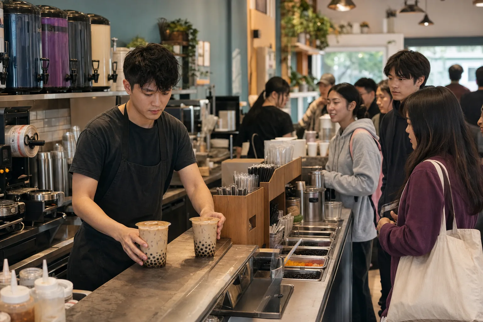 A boba maker places two sealed milk teas at the pickup ledge while customers wait beyond the topping station.
