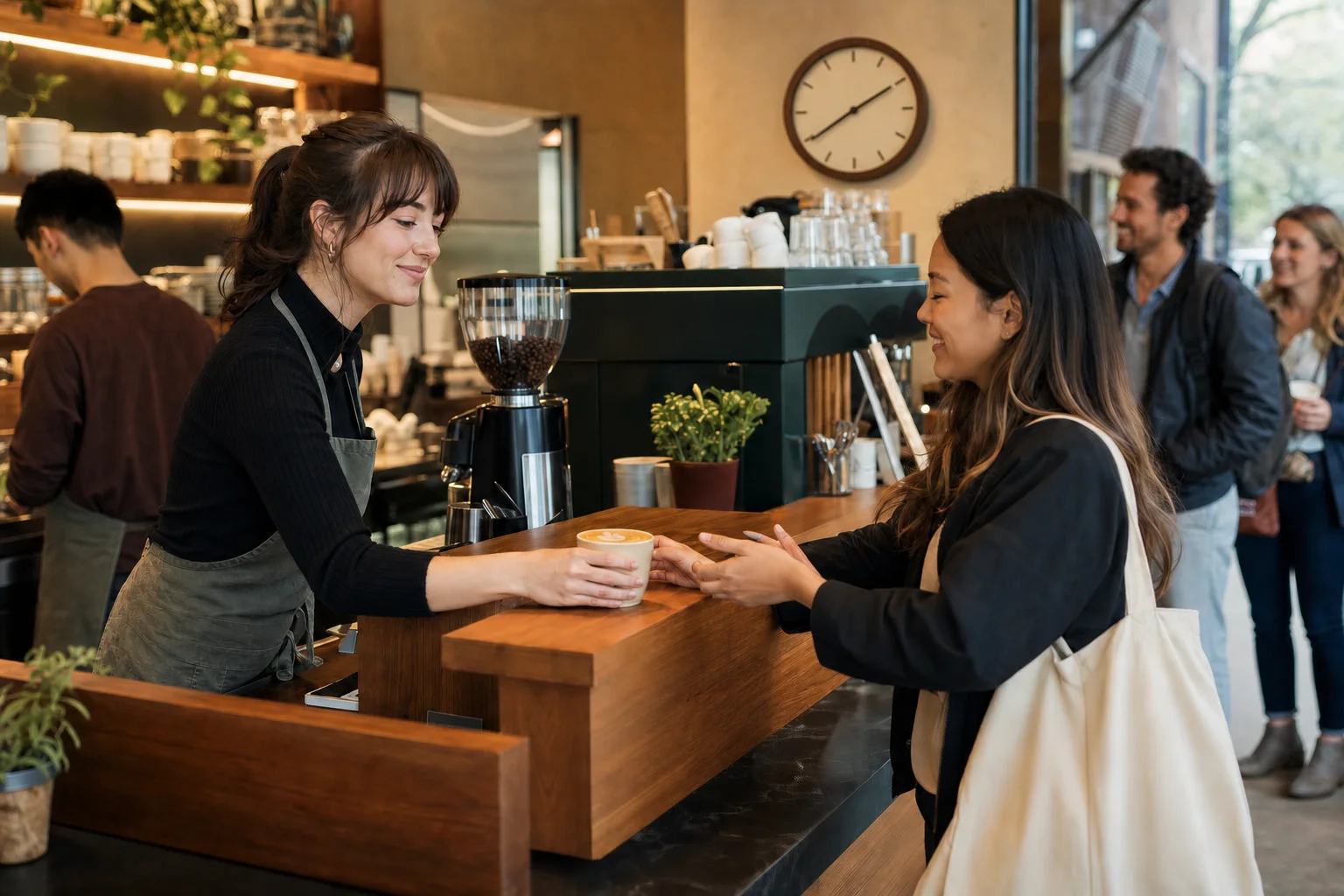 A barista hands a finished latte to its customer across a dedicated coffee-shop pickup ledge.