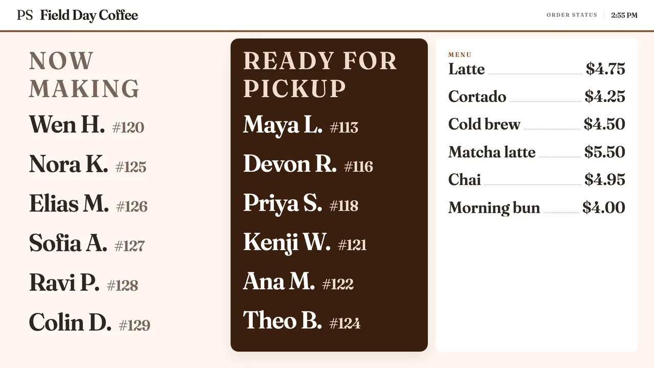 A warm brown board with Now making, Ready for pickup and a coffee menu with prices.
