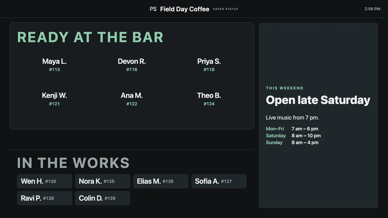 A dark board with a notice about opening late on Saturday and the shop hours beside the order list.