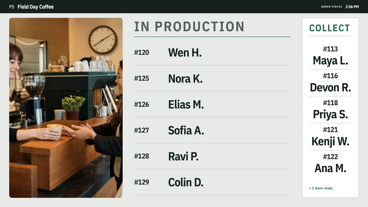 A light green board with a photo of a barista handing over a coffee beside the order list.