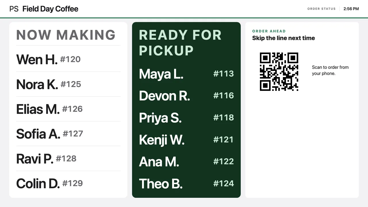 A green board with a QR code that says skip the line next time beside the order list.
