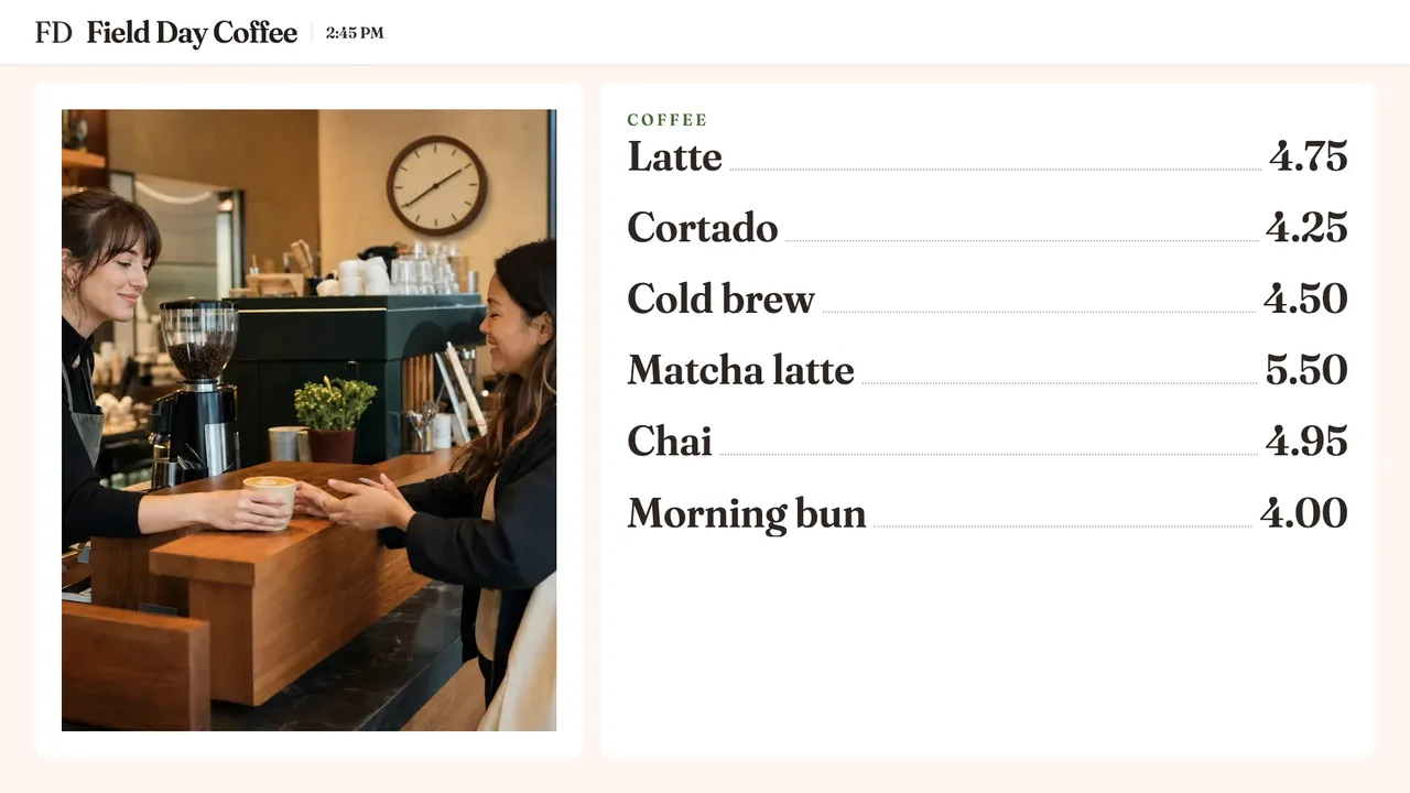 A TV showing a coffee shop photo beside a menu with prices.