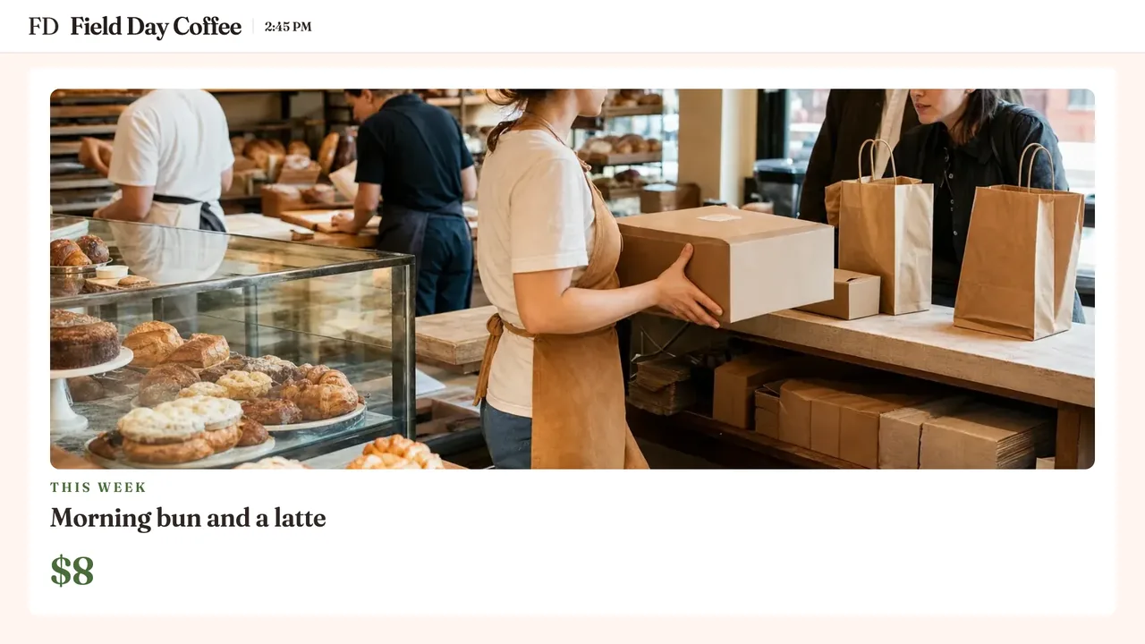 A TV showing a bakery photo with this week's offer and its price.