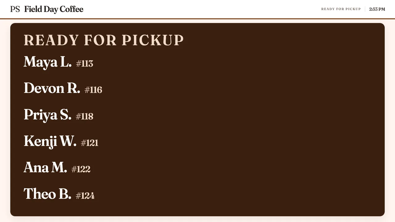A warm brown board that shows only the orders ready for pickup, in large type.