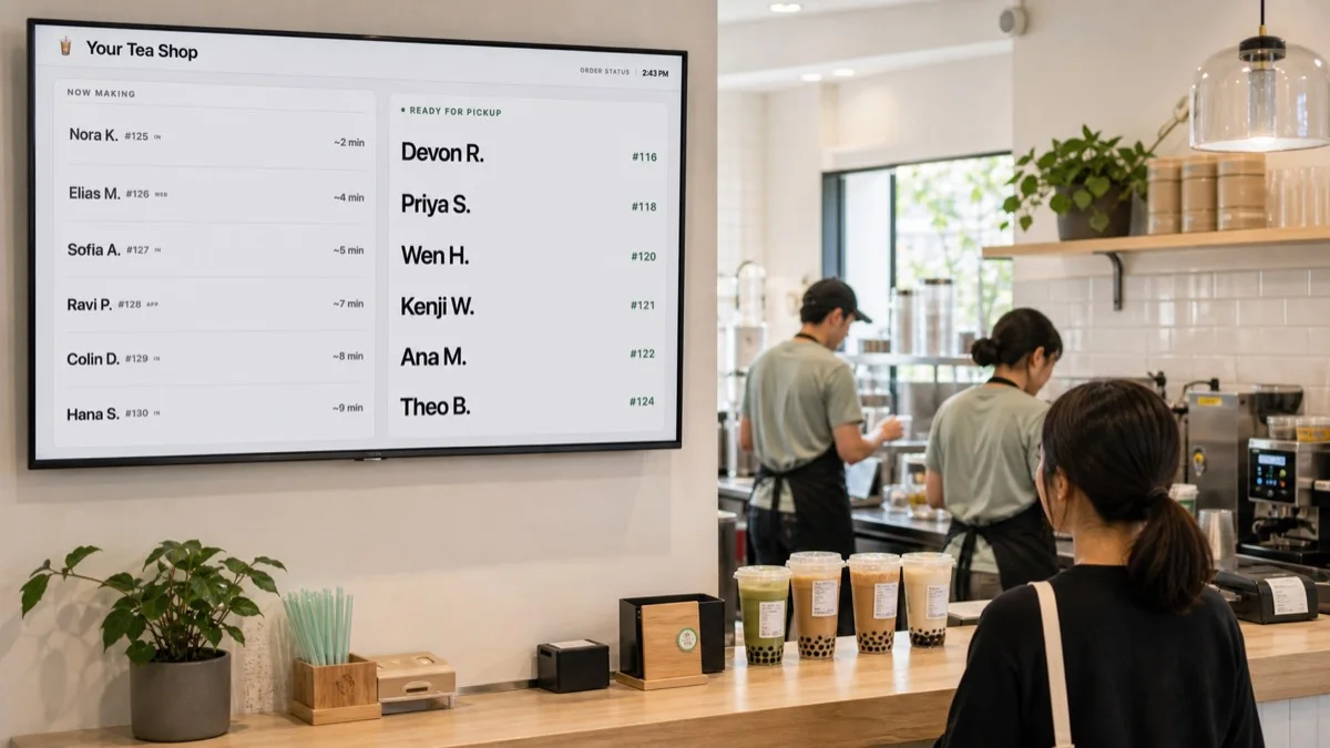 An order-ready board on a wall-mounted TV above a coffee counter