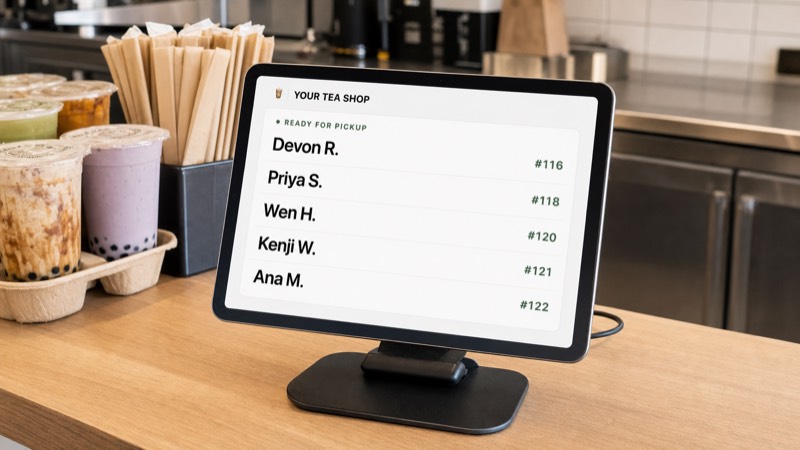 A Pickup Signal Ready-only board on a tablet propped on a boba shop counter.